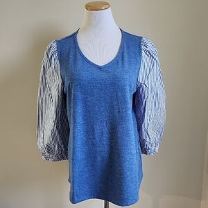 Chico's Blue V-Neck Top with Striped Puff Sleeves